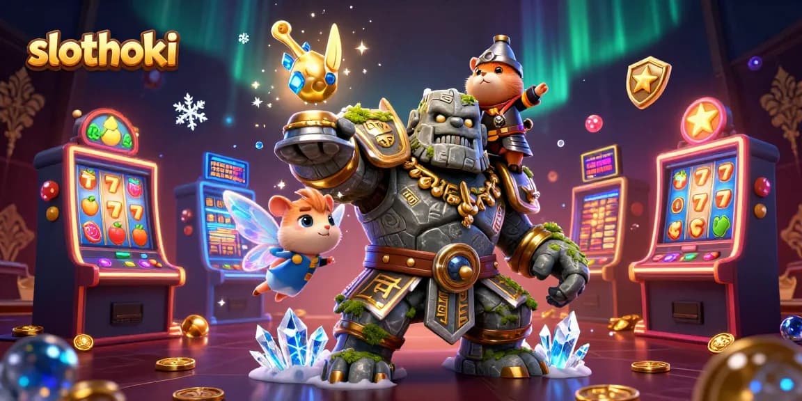Gambarlah slot bertema slothoki dengan golem, peri, dan ksatria hamster di kasino.