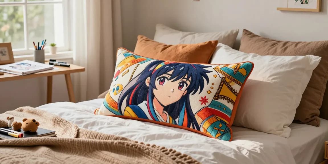 Custom body pillow on a cozy bedroom bed, showcasing vibrant anime design and artistic elements.