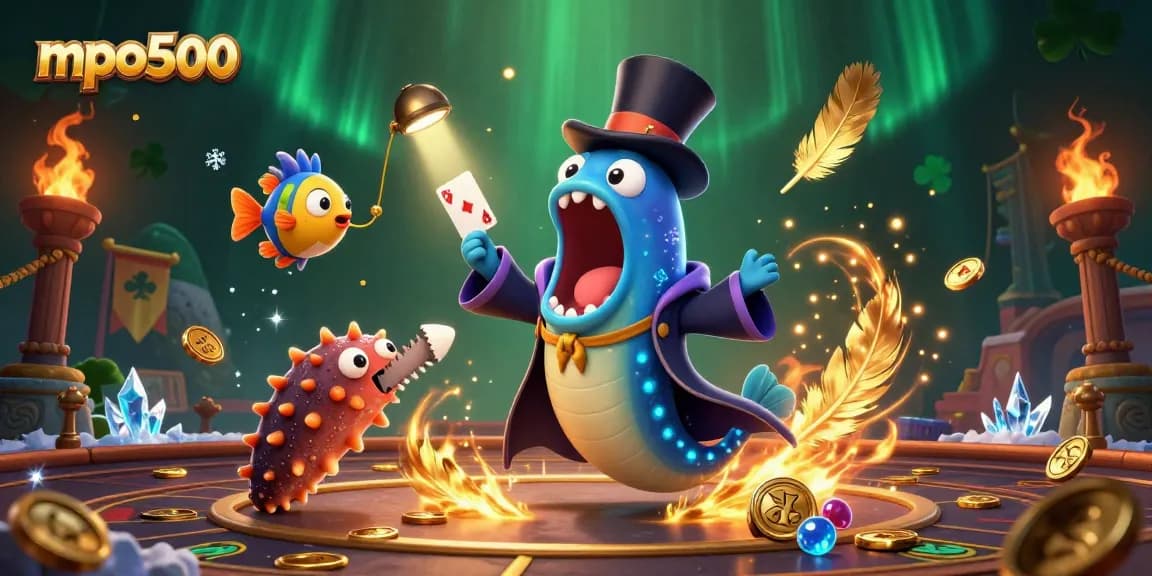 Engage with mpo500 as a cartoon gulper eel performs magic tricks in a vibrant casino setting.