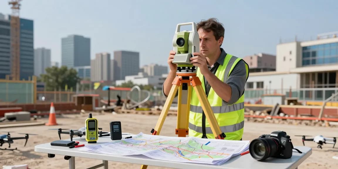 Topographical surveys conducted by professional surveyor measuring urban site with advanced equipment.