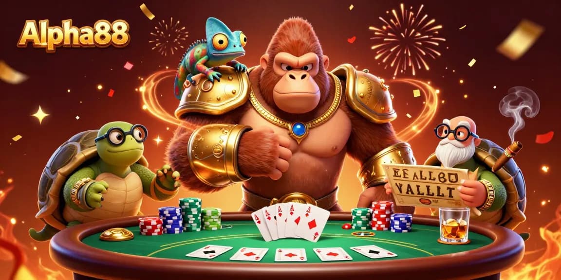 Engage with Alpha88's thrilling gaming adventure alongside a powerful gorilla king and wise tortoise elder.