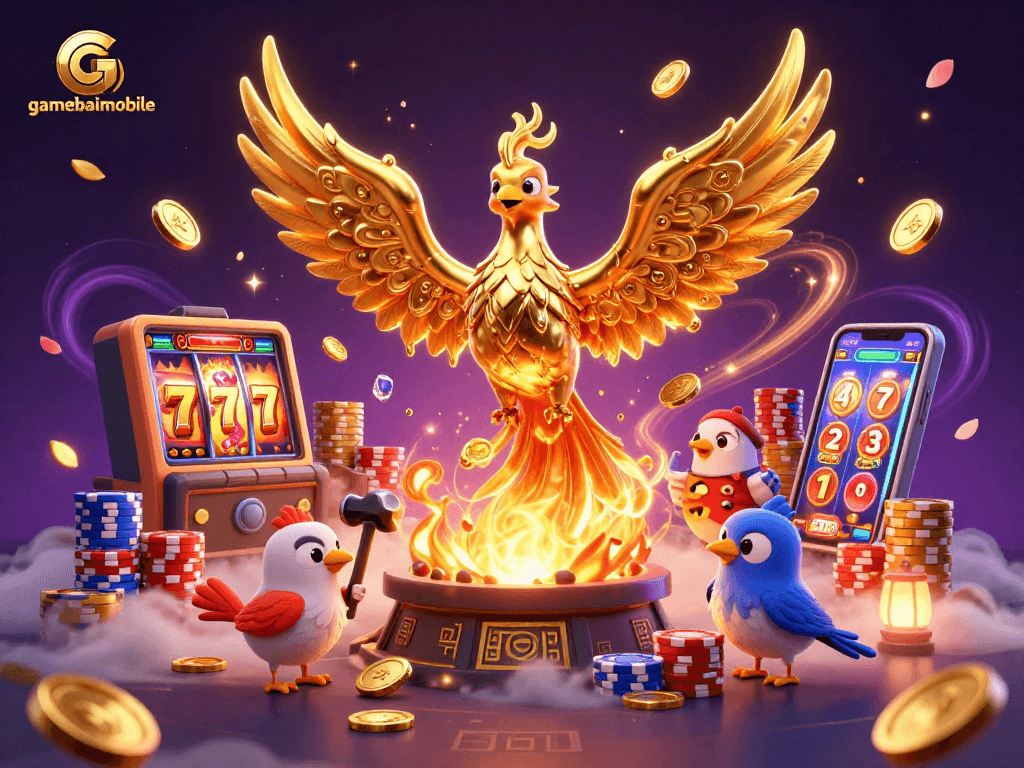 Experience gamebaimobile's thrilling slot games with captivating imagery of golden phoenix and spinning reels