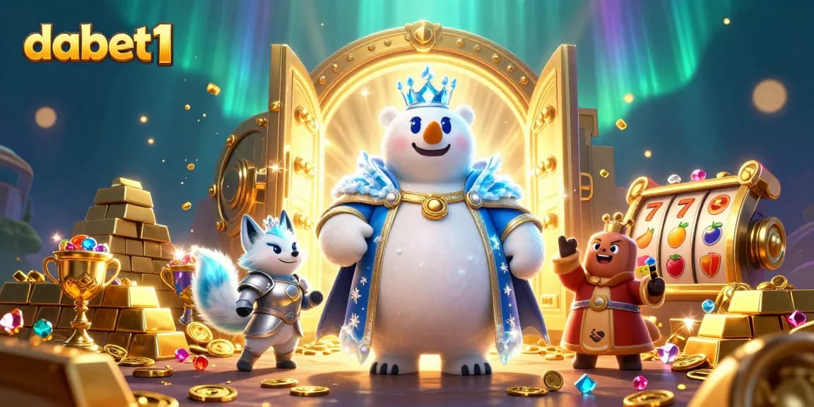Experience winning with dabet1 in this vibrant 3D casino illustration showcasing slot reels and treasures.