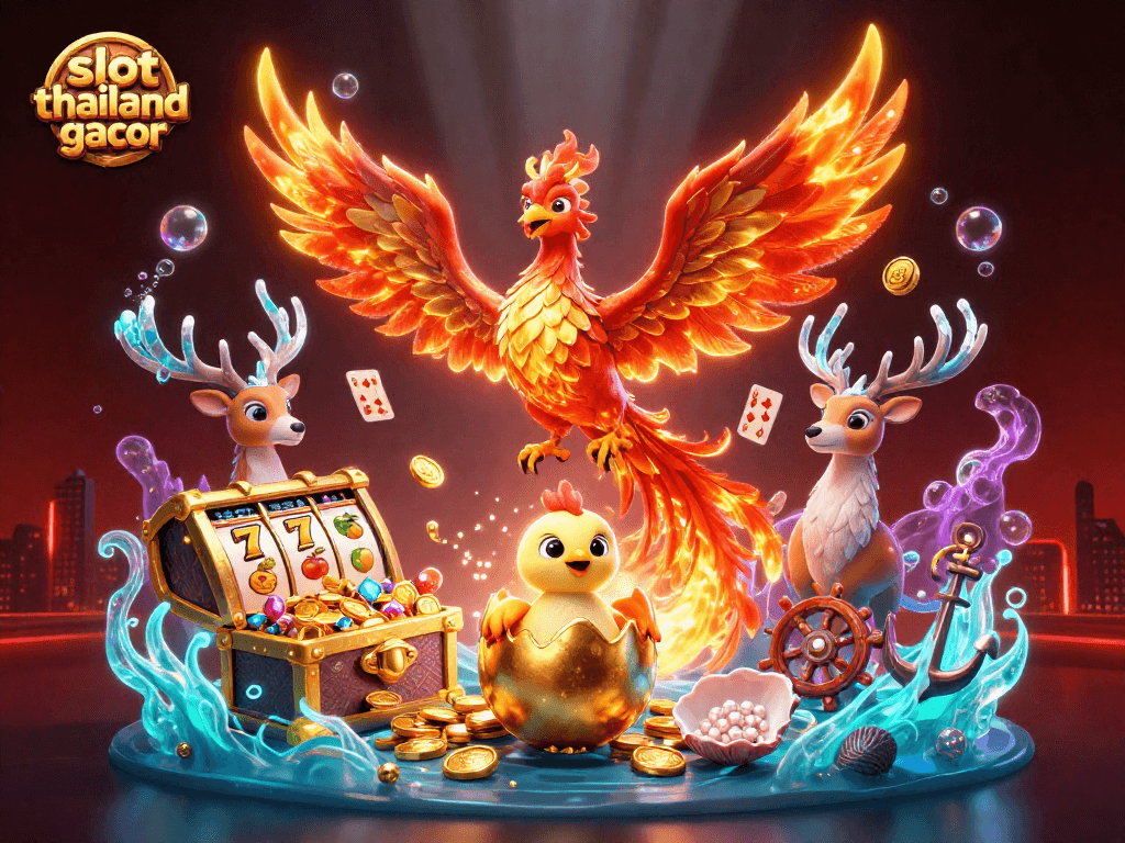 Engage with slot thailand gacor featuring a vivid 3D illustration of a phoenix, baby chick, and stag alongside dynamic slot elements.