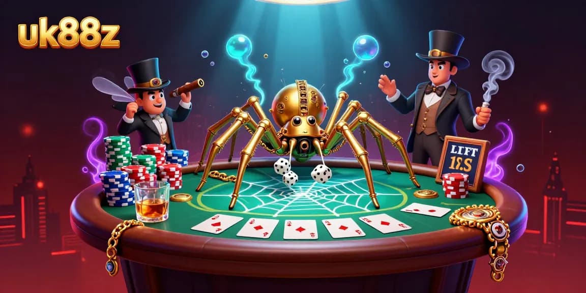 Experience uk88z with a vibrant 3D casino scene illustrating a whimsical steampunk spider and game elements.