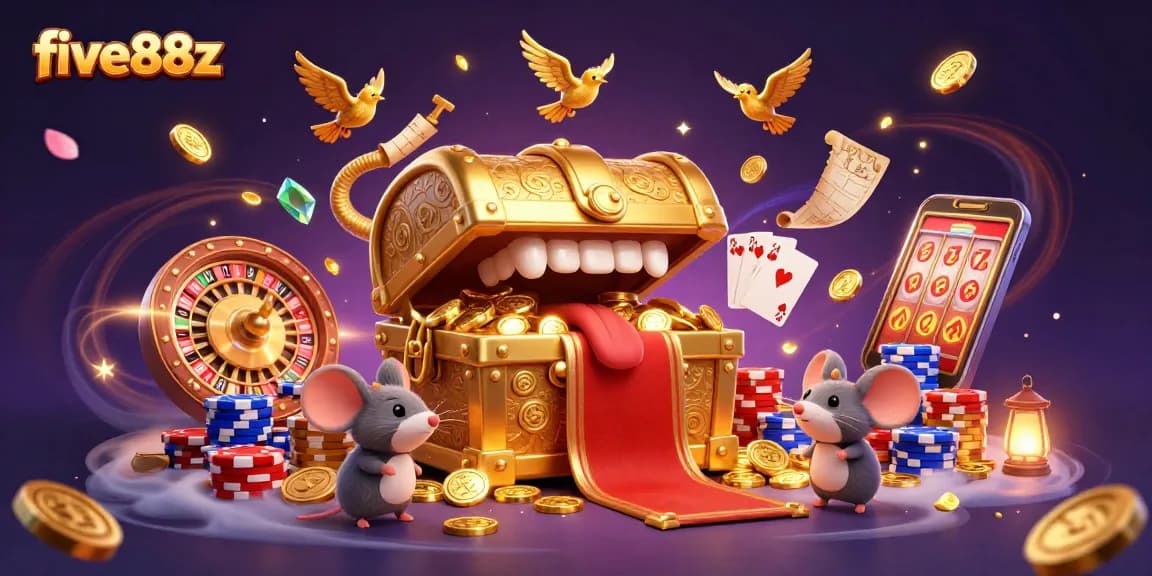 Experience the thrill of five88z with a vibrant 3D illustration of a treasure chest and casino elements.