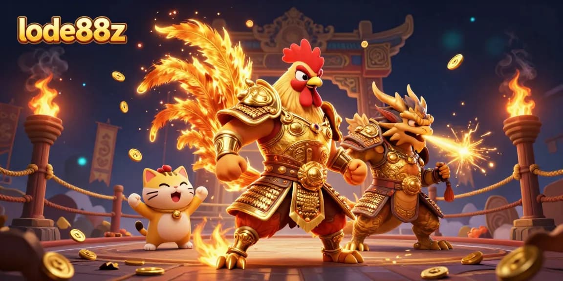 Experience thrilling games at lode88z with cartoon warriors in a vibrant casino arena.