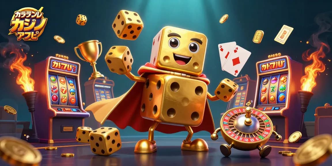 オンラインカジノアプリのスロットゲーム要素を使ったゴールデンダイスゴーレムのイラスト