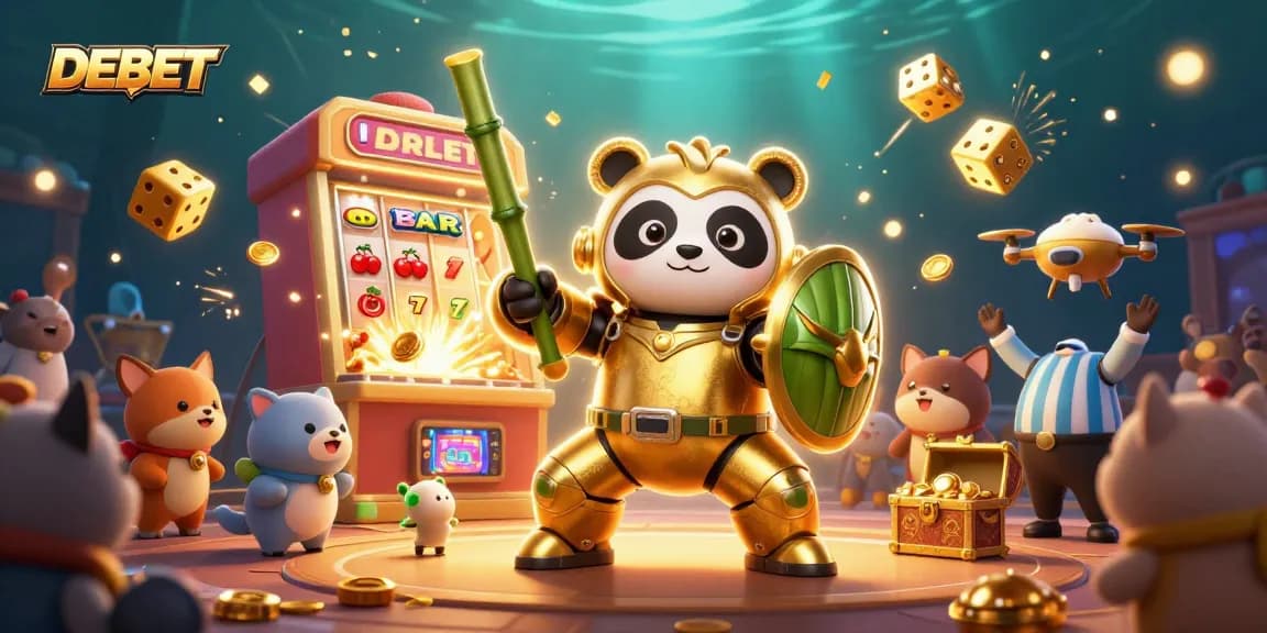 Experience the thrilling DEBET gaming action with a panda in a mech-suit amidst casino excitement.