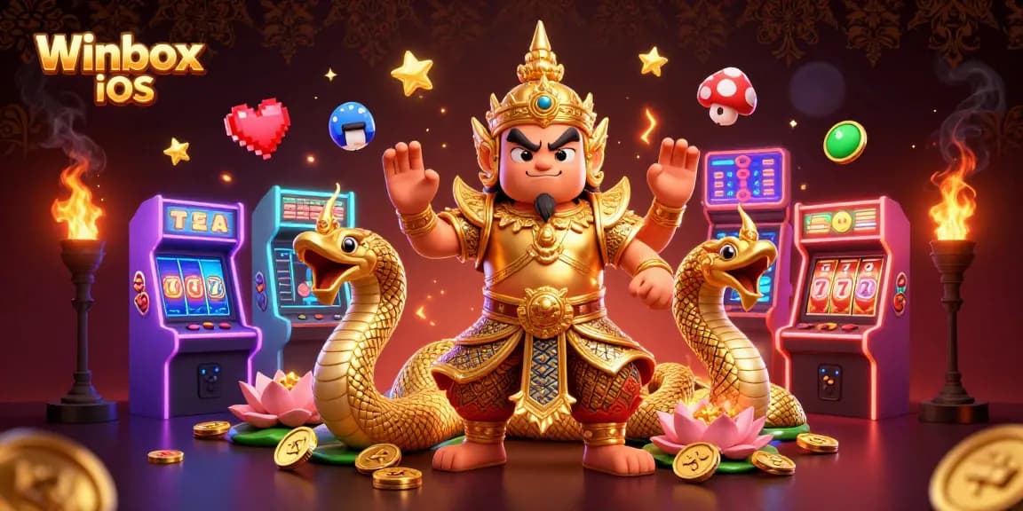 Winbox iOS app download guide featuring a friendly guardian and engaging gaming elements.