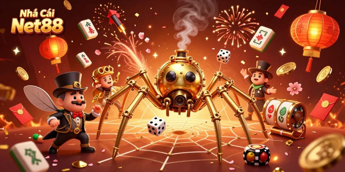Engage with Nhà cái Net88 through a vibrant 3D illustration featuring lively characters and festive casino elements.