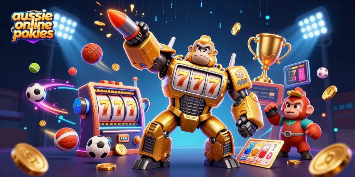 Aussie online pokies transform with excited gameplay, featuring a golden gorilla mech and dynamic 3D elements.