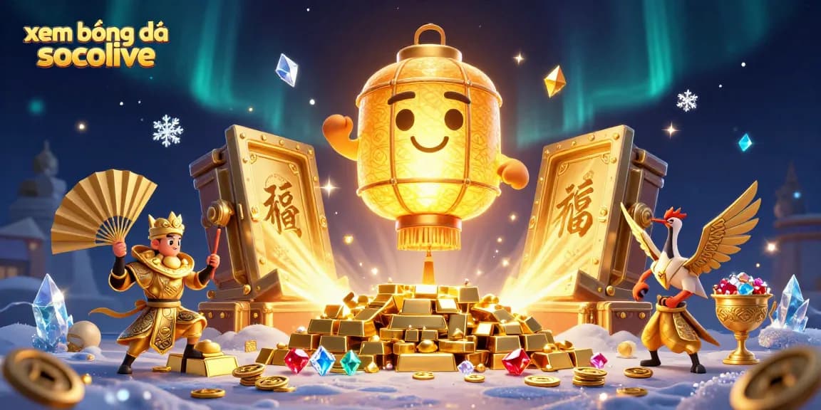 Experience xem bóng đá socolive with lively 3D illustration featuring glowing lantern spirit above treasures and gaming elements.