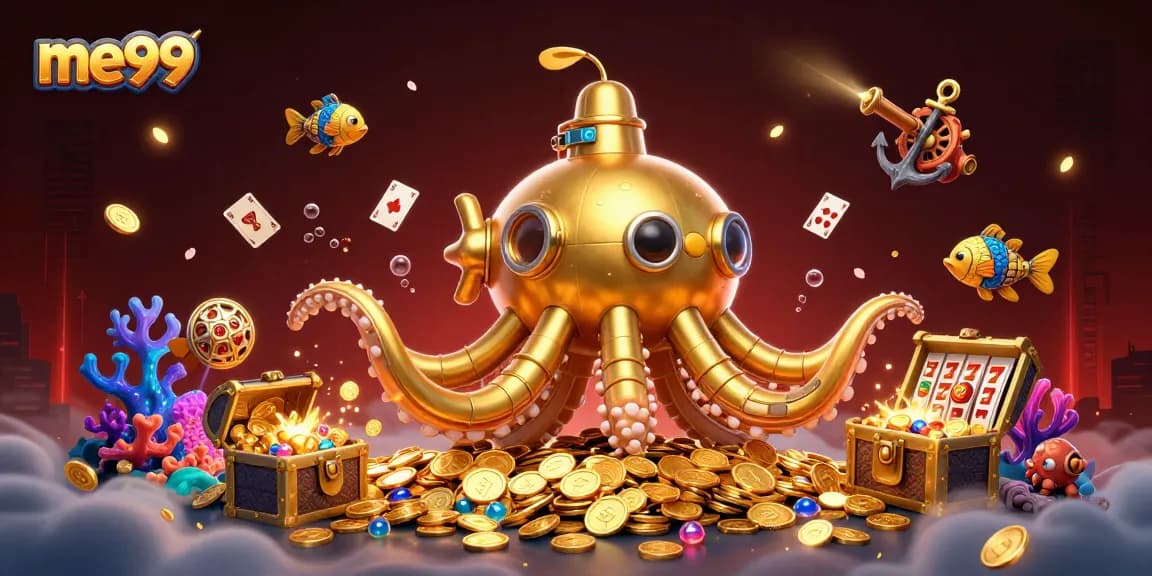 me99 brings excitement with a golden kraken submarine amid a treasure of slot reels and poker cards.