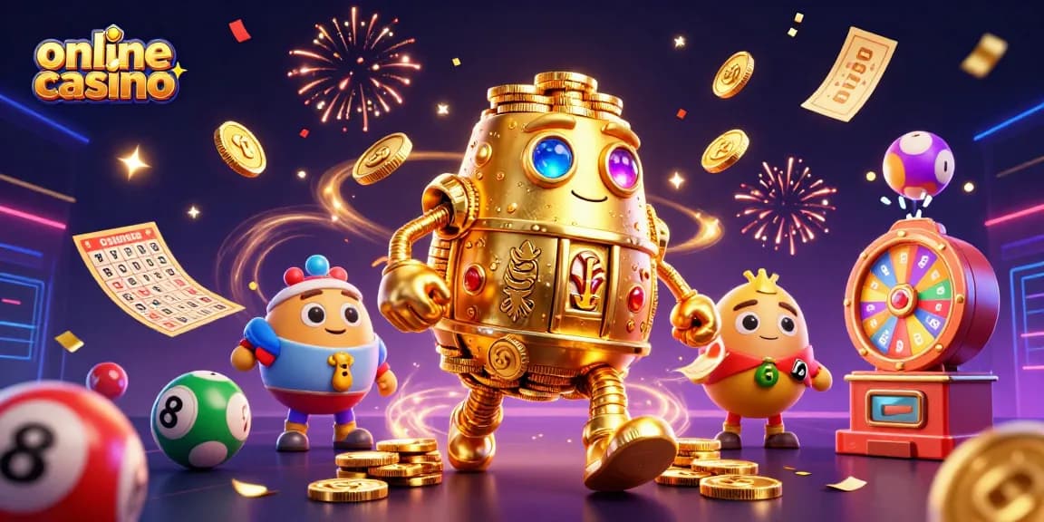 Gioca all'online casino con un golem d'oro, palline colorate e un’atmosfera festosa.