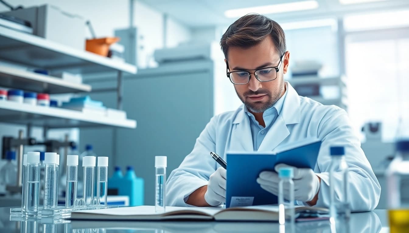 Researching amc peptide in a laboratory, showcasing advanced equipment and professional atmosphere.
