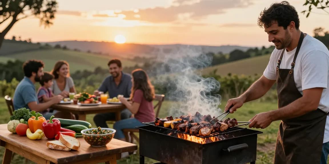 Best parrillada argentina near me with chef grilling meats outdoors at sunset.