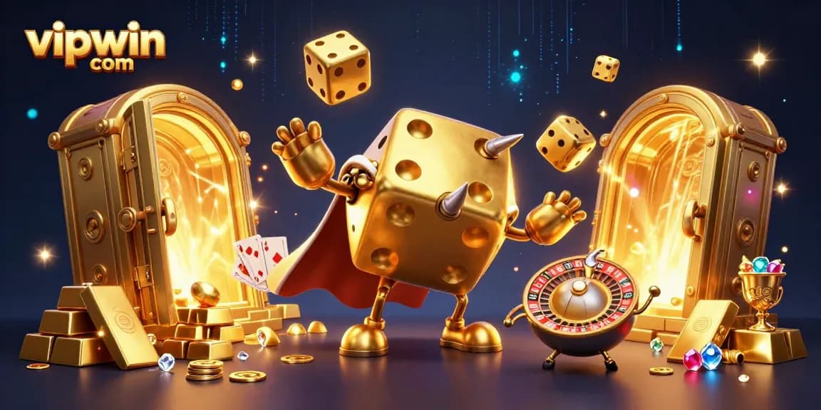 Win with excitement at vipwin com, dodging giant dice and treasures in an animated casino illustration.