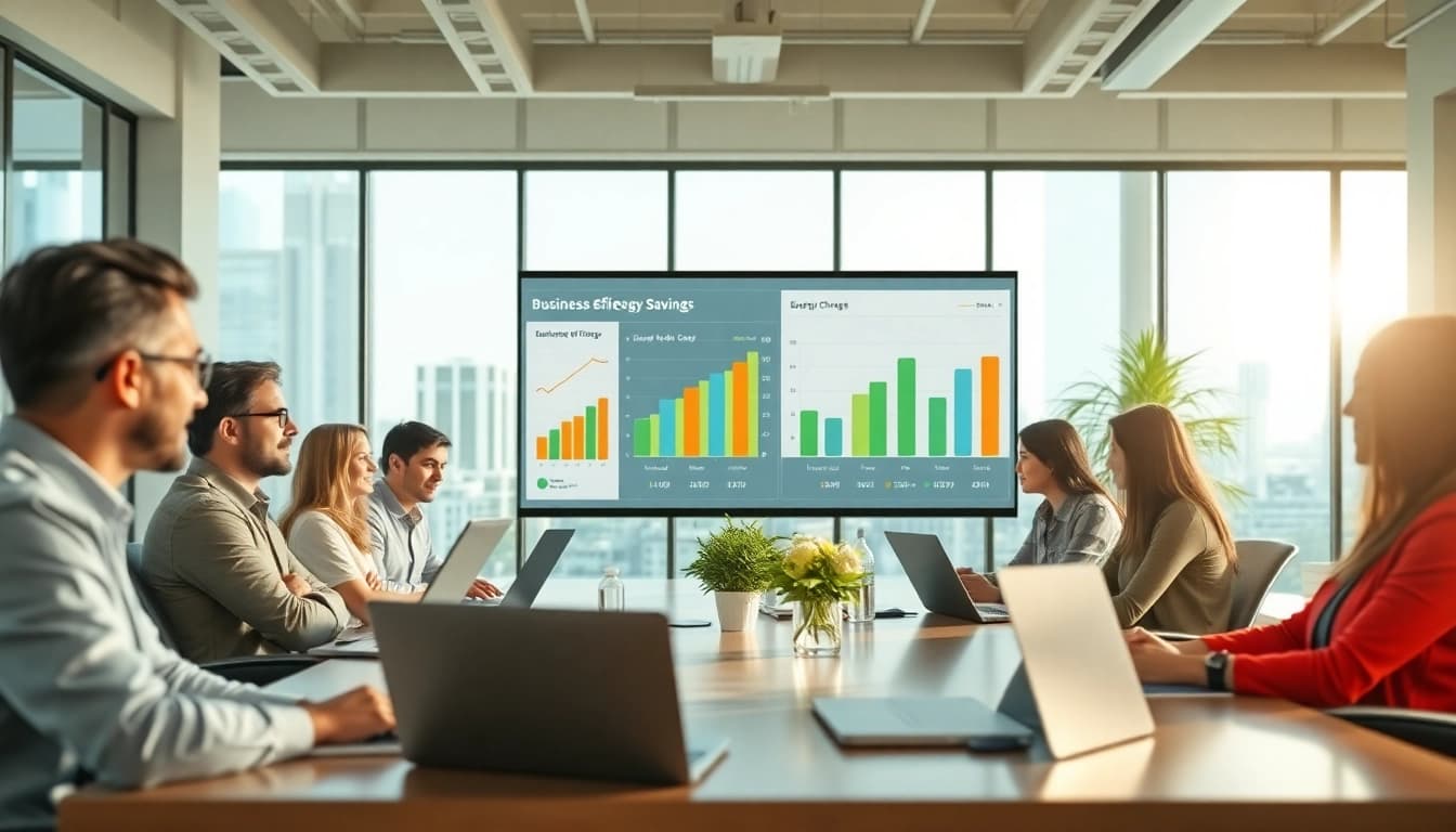 Engaging meeting about business electricity no standing charge with modern workspace and professionals collaborating.