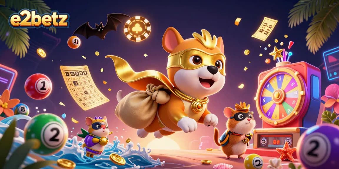Experience e2betz with a vibrant 3D scene of casino excitement featuring flying characters and dynamic game elements.