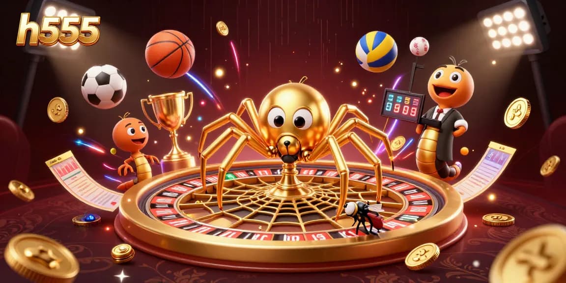 Place bets with h555 in a lavish casino scene featuring a spider and a centipede croupier.