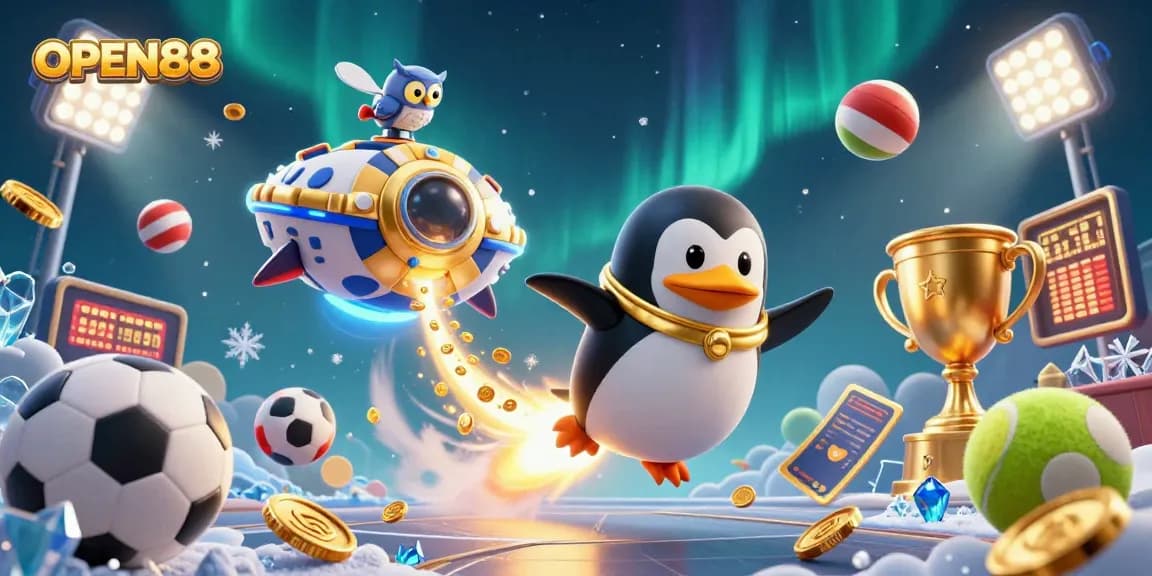 Experience thrilling space adventures with OPEN888's rocket penguin and gold coins in an exciting casino world