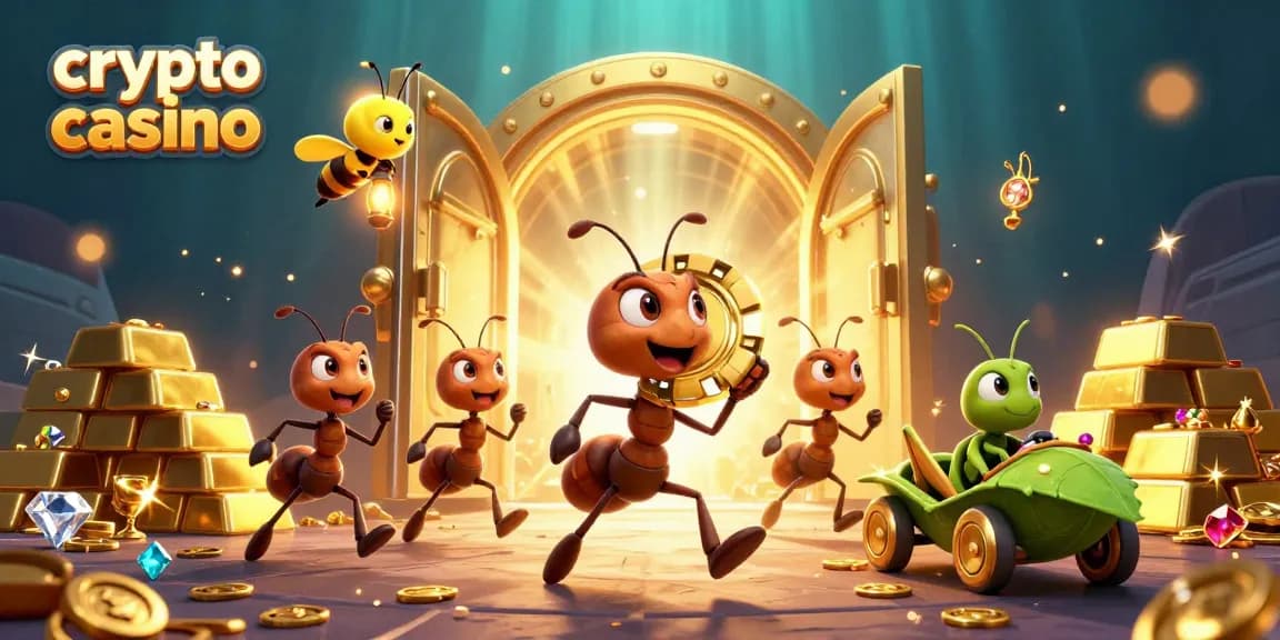 Faites un tour dans le crypto casino avec une équipe de fourmis en plein vol d'un jeton poker doré, illuminé par des joyaux.