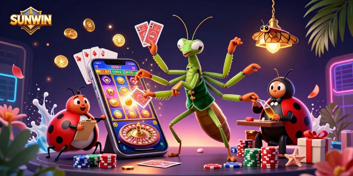 SUNWIN shows a vibrant 3D cartoon casino scene with a mantis dealer, lively game elements, and enchanting atmosphere.