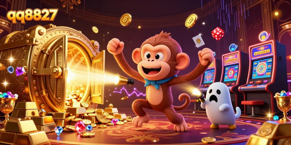 Experience the excitement of qq8827 with a playful ghost and treasure in a lively casino.