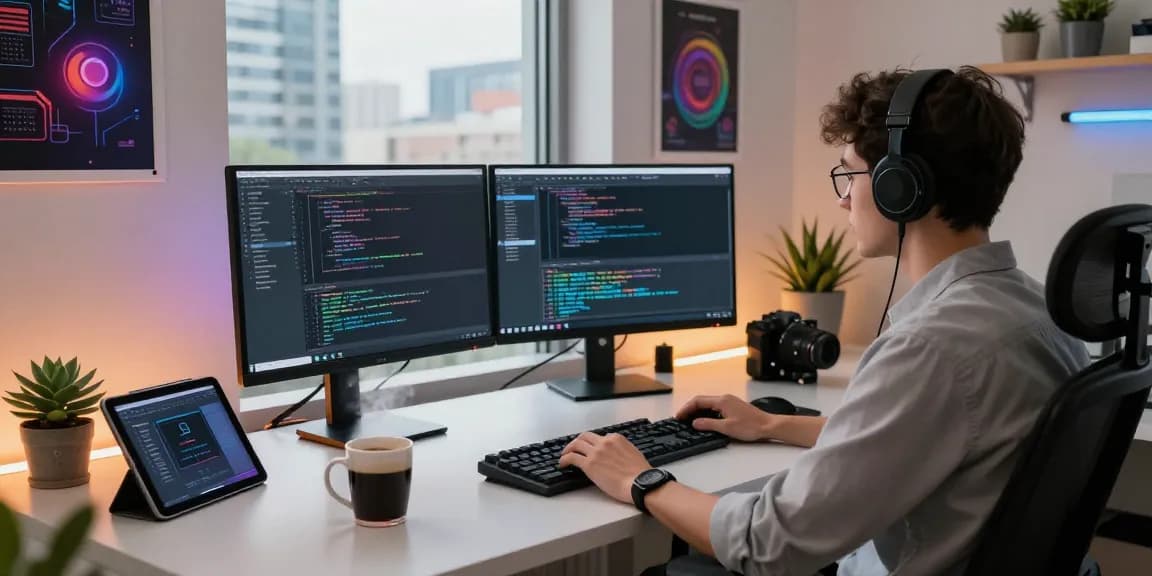 Software developer coding at a stylish workspace, showcasing the innovative spirit of 456bd in action.
