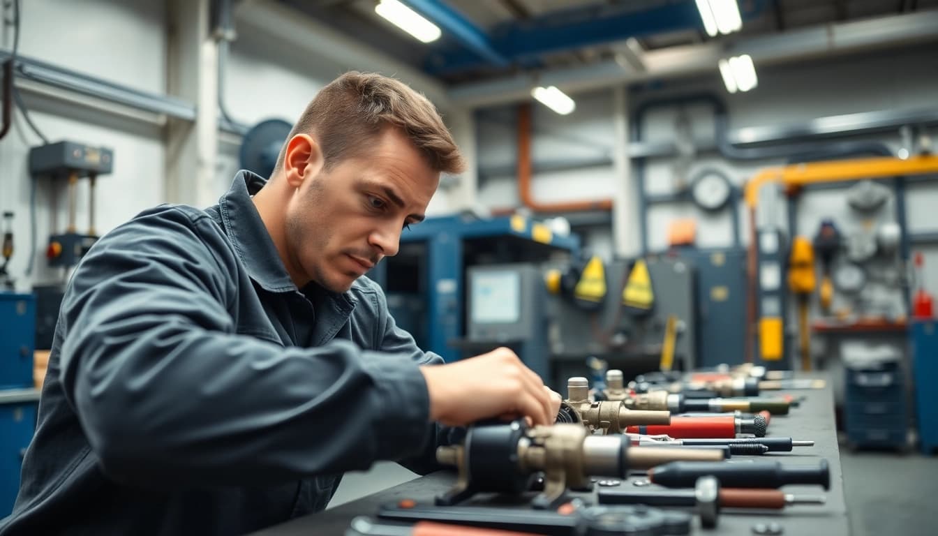Technician engaged in on-site hydraulic repair, showcasing tools and equipment.