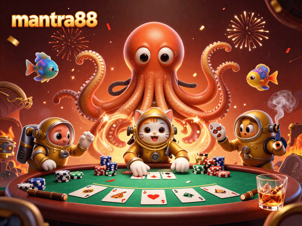 Join the excitement at mantra88 with a mythical kraken, a diving cat, and lively poker elements!
