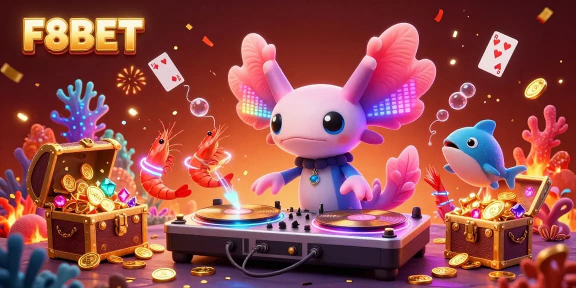 Experience the thrill of winning at F8BET in this vibrant 3D casino scene featuring a DJ and lively underwater characters.