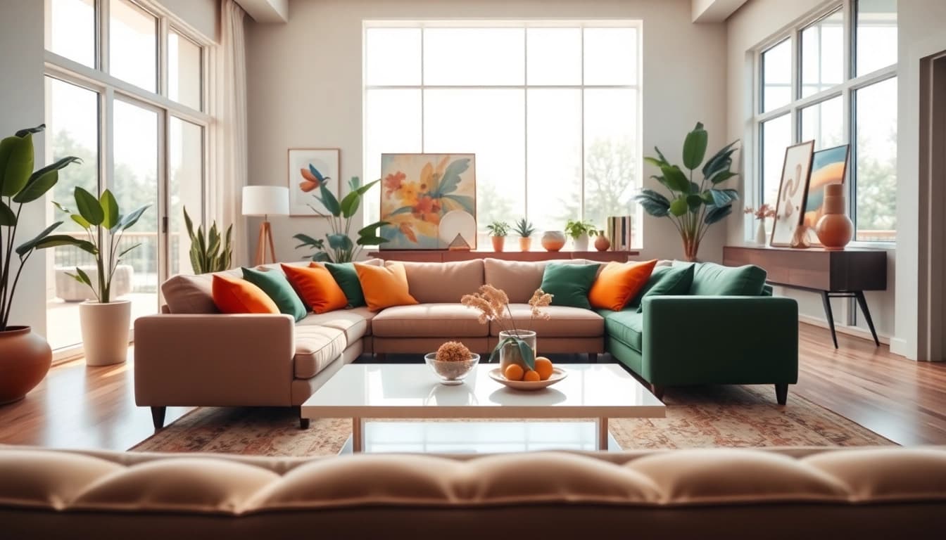 Home improvement: Inviting modern living room with stylish decor and vibrant colors.