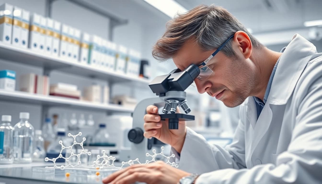 Investigation of peptideprice in advanced peptide research laboratory setting with focused scientist.