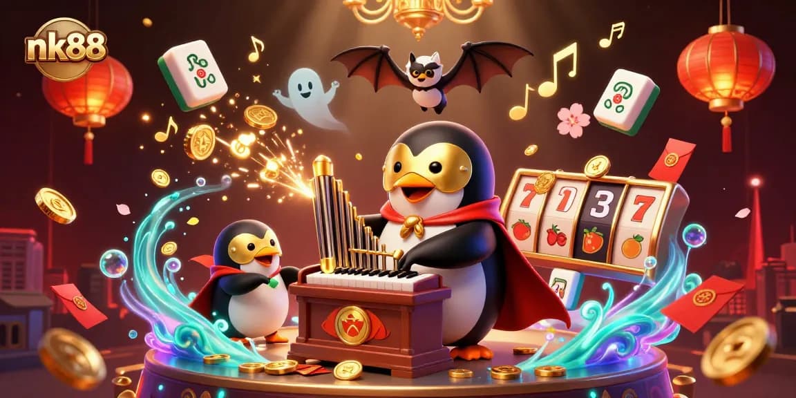 Experience vibrant gameplay with nk88 featuring a phantom penguin and a bat acrobat in a thrilling casino scene.