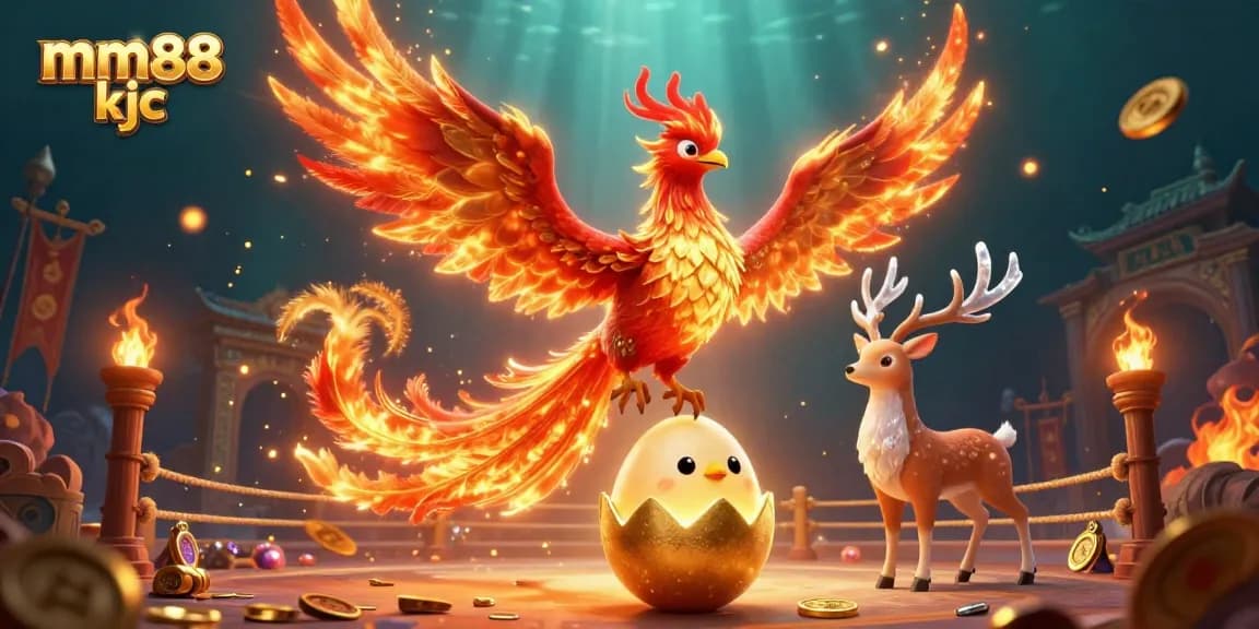 Experience thrilling gameplay with mm88 kjc in this vibrant 3D casino scene showcasing a phoenix and mystical stag.