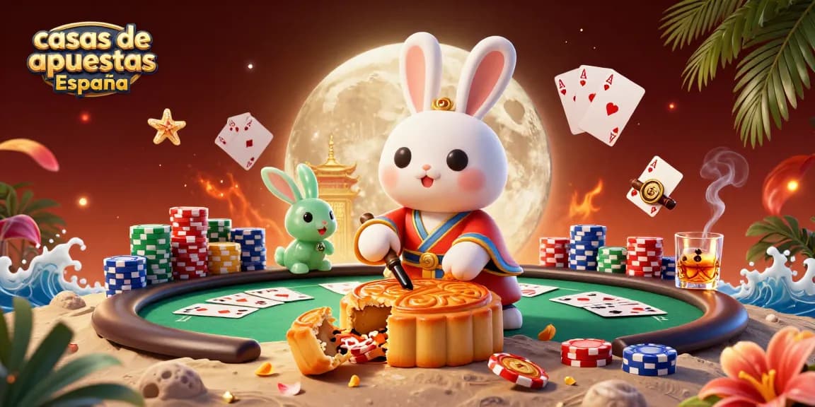 Apuesta en las mejores casas de apuestas España con una ilustración dinámica de conejos en la luna y elementos de casino