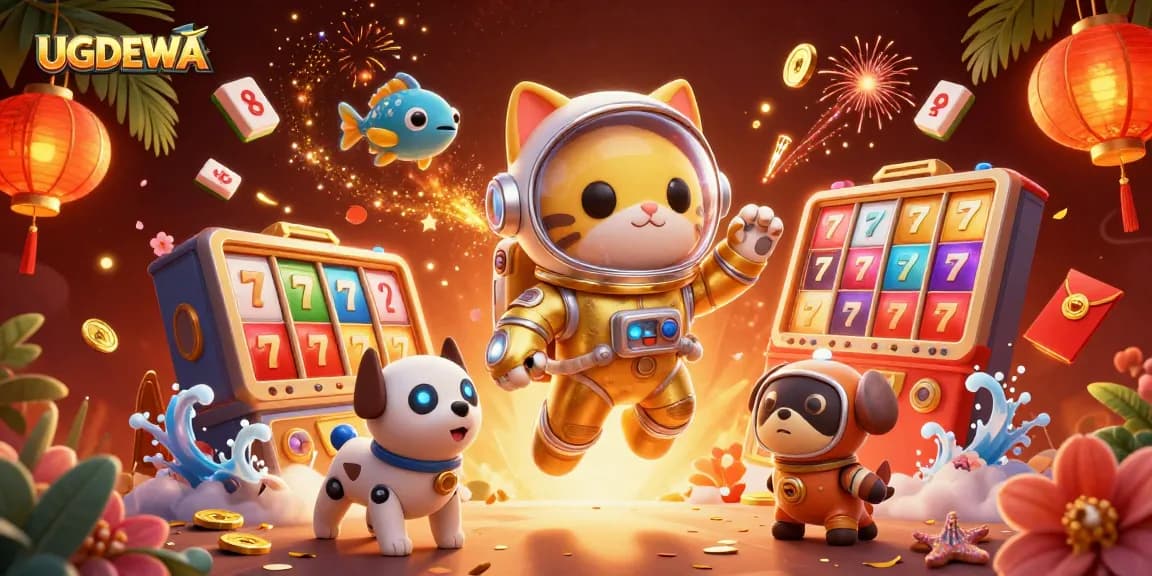 Engage with UGDEWA, enjoying thrilling slot games surrounded by vibrant 3D characters and elements.