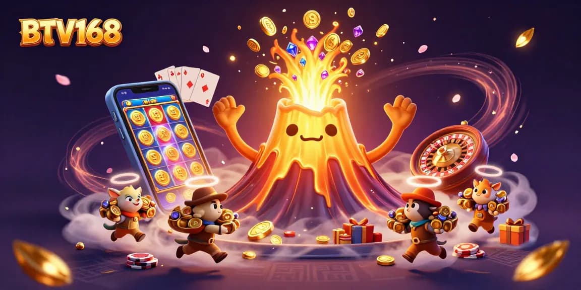 BTV168 unleashes treasures as a golden volcano erupts with coins, showcasing vibrant casino elements.