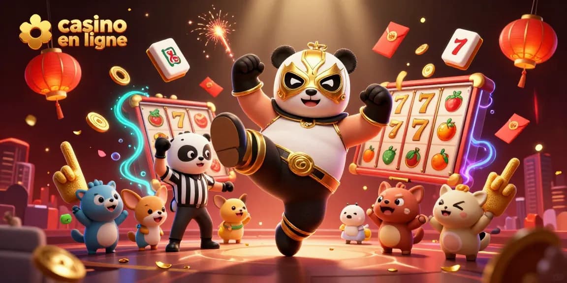 Gagnez avec le casino en ligne : panda combattant le jackpot dans une illustration 3D dynamique.
