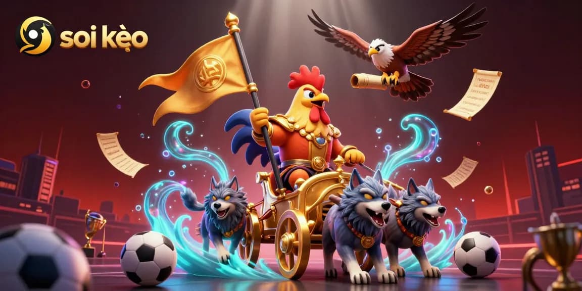 Soi kèo highlights dynamic sports betting action with a rooster warlord in 3D illustration.