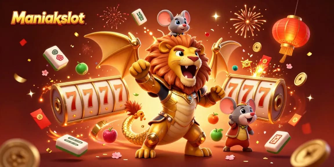 Experience the thrill of Maniakslot with a golden chimera and dynamic casino elements in a vibrant 3D scene.