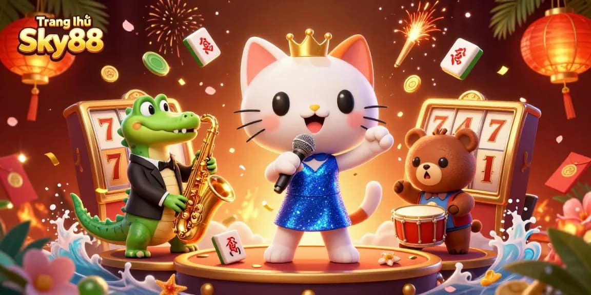 Engage in thrilling excitement at Trang chủ Sky88 with a vibrant casino scene featuring animated characters.