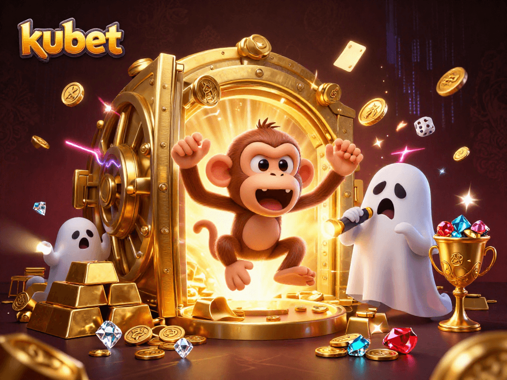 Experience the excitement at kubet with a dynamic image of a playful poltergeist monkey juggling golden treasures in a haunted casino.