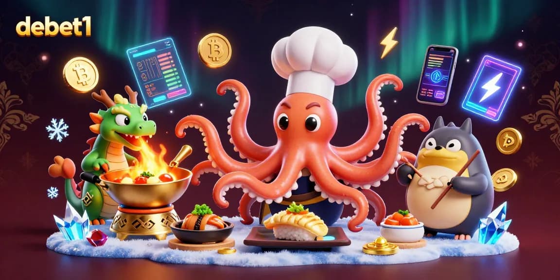 Play at debet1 with a colorful 3D illustration of an octopus chef, dragon, and tanuki.
