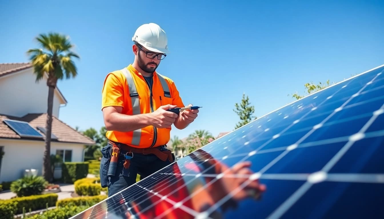 Technician from a solar repair company performing maintenance on solar panels.