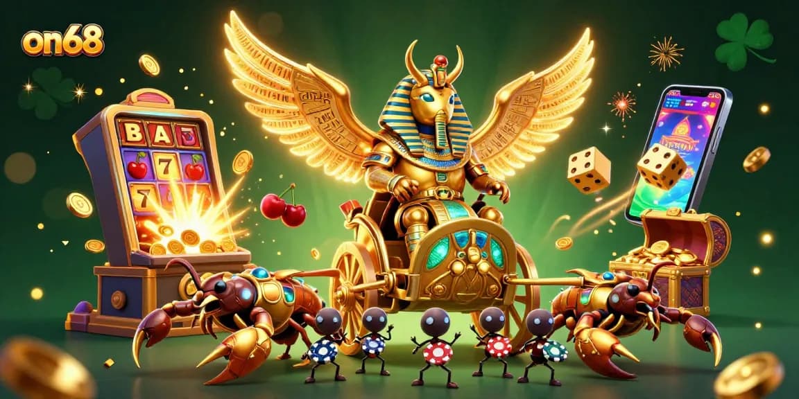 Engage with on68's vibrant gaming world through a vibrant 3D casino illustration showcasing unique characters and dynamic game elements.