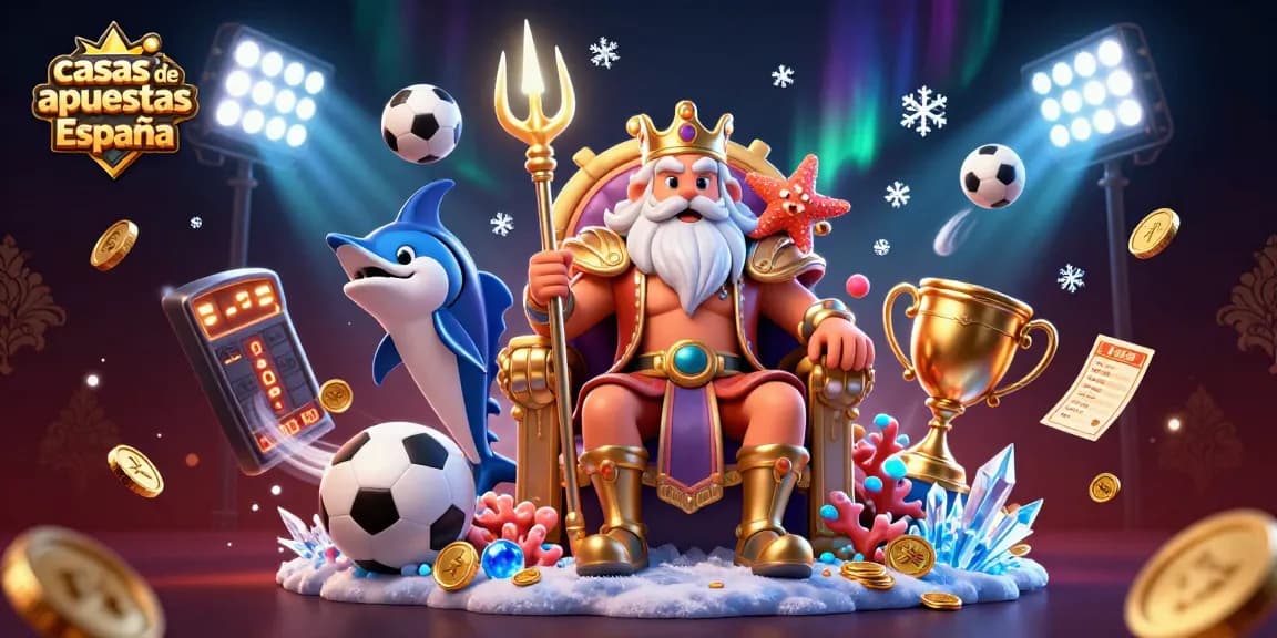Visualiza las casas de apuestas España con personajes animados y elementos de apuestas deportivas.