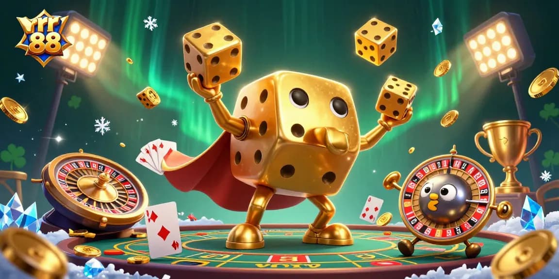 Engage with rr 88's playful golden dice golem, juggling fun gaming elements in this vibrant casino illustration.